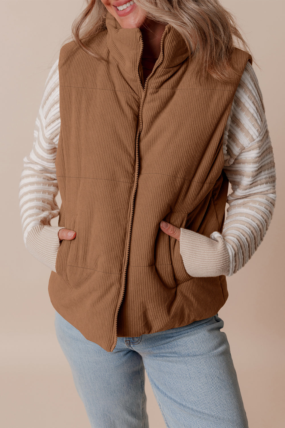 Sophisticated Corduroy Puffer Vest with Zipper Closure Threaded Pear