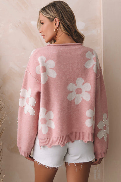 Jaycee Floral Pearl Embellished Drop Shoulder Sweater Threaded Pear