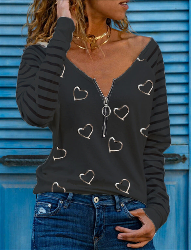 Women's Long Sleeve Heart Print V-Neck Zip T-Shirt BarberSets