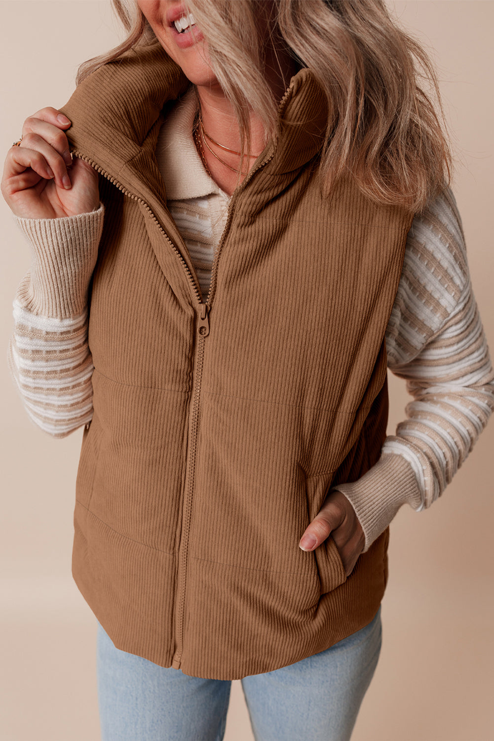 Sophisticated Corduroy Puffer Vest with Zipper Closure Threaded Pear