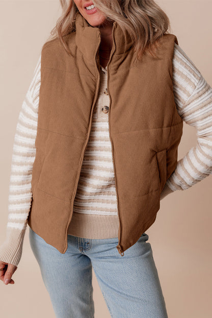 Sophisticated Corduroy Puffer Vest with Zipper Closure Threaded Pear