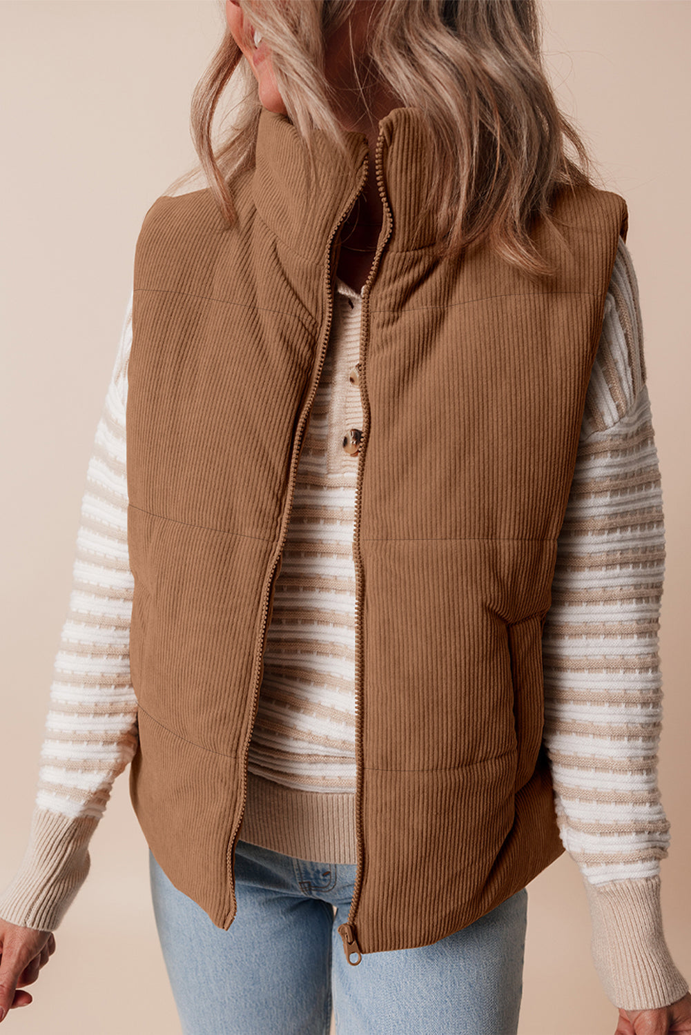 Sophisticated Corduroy Puffer Vest with Zipper Closure Threaded Pear