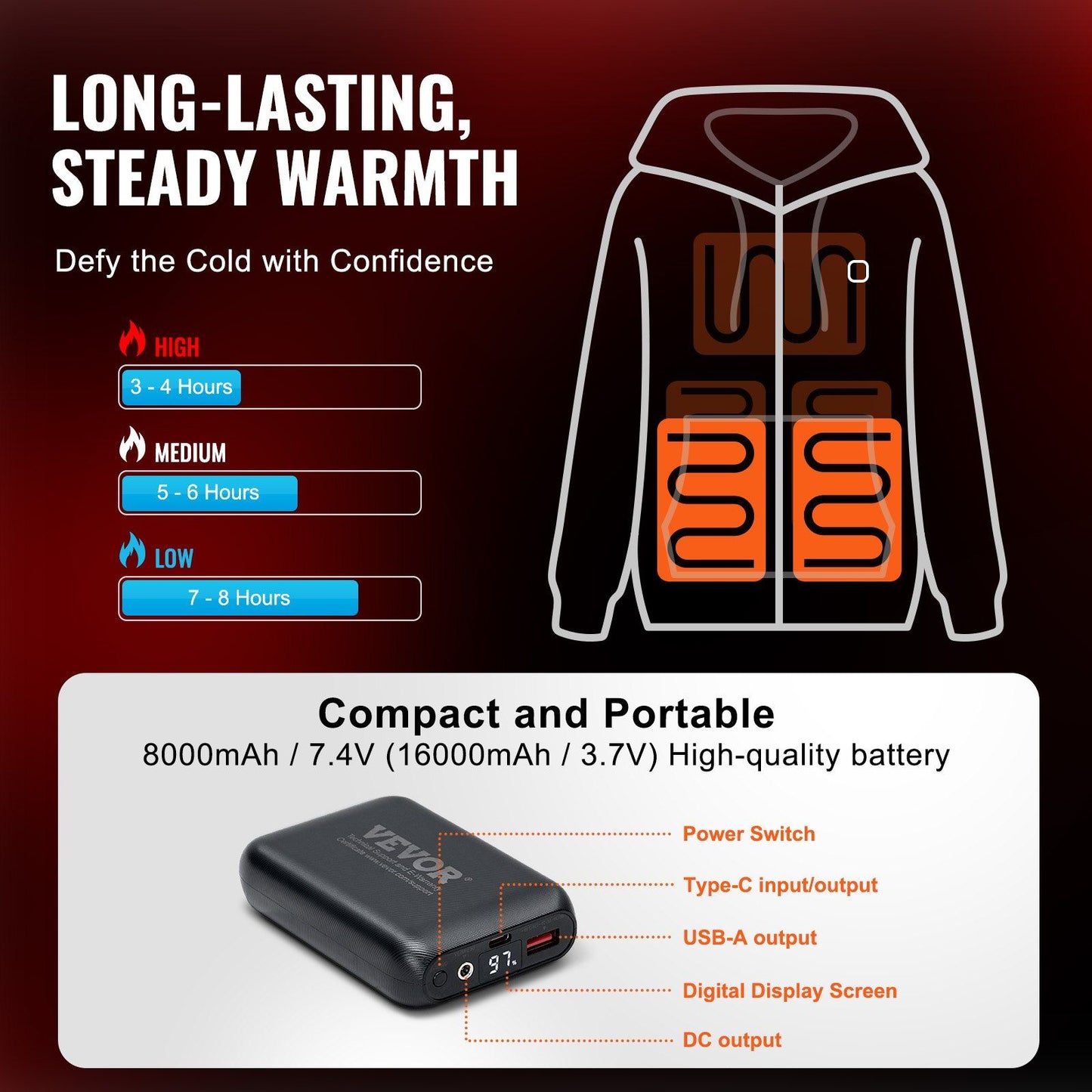 VEVOR Unisex Electric Heated Hoodie with 5 Zones and Rechargeable Battery - M Black Doba