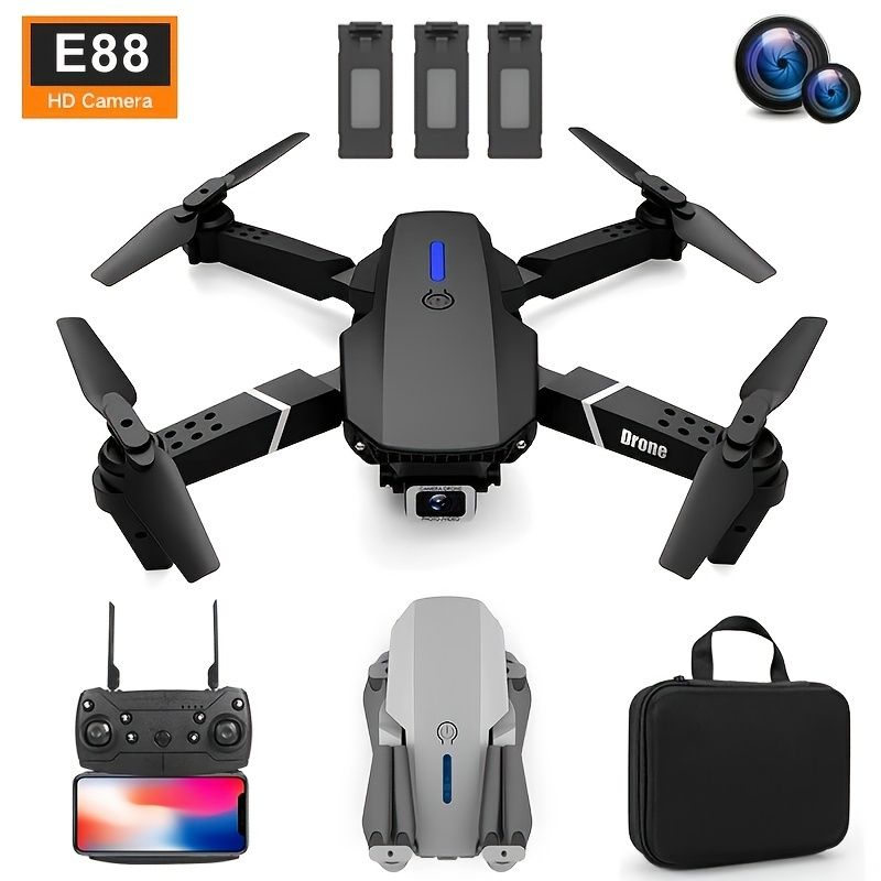 E88 RC Drone, WIFI FPV Drone With HD Dual Camera, Height Hold RC Foldable Quadcopter Helicopter Drone Gift Toys With 3 Battery Doba