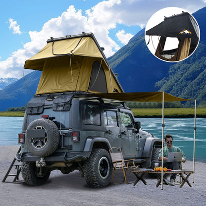 Roll over image to zoom in Adventurer Plus Rooftop Tent Hardshell with Side Awning, Air Conditioner Outlet with Bracket, &Replaceable Rain Flies, Truck Bed Tent for Camping, Pop Up Overland Roof Tents Doba