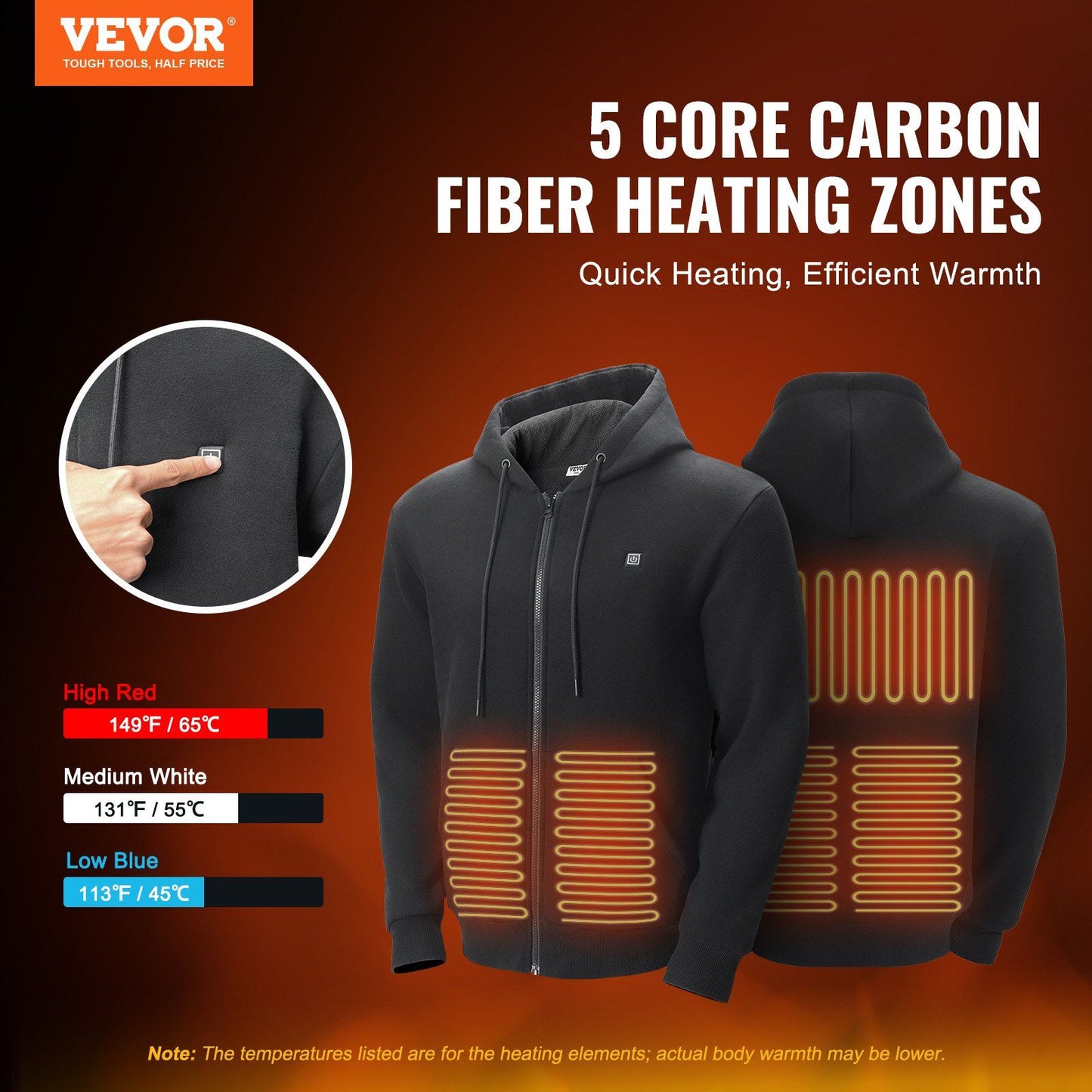 VEVOR Unisex Electric Heated Hoodie with 5 Zones and Rechargeable Battery - M Black Doba