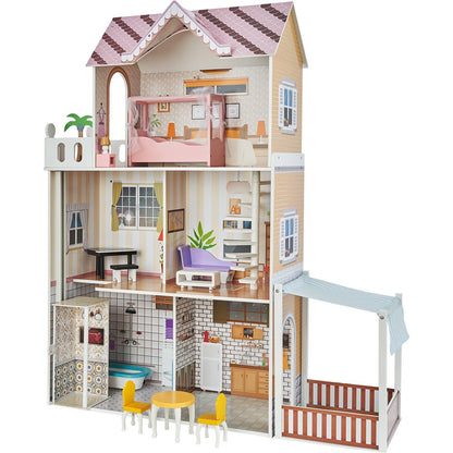 Deluxe Wooden Dollhouse with 15 Accessories - 3-Level Dream Playhouse for Kids 3+