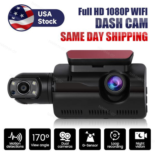 Full HD Dual Lens Car Dash Cam with G-Sensor and Night Vision for Front and Rear Recording Doba