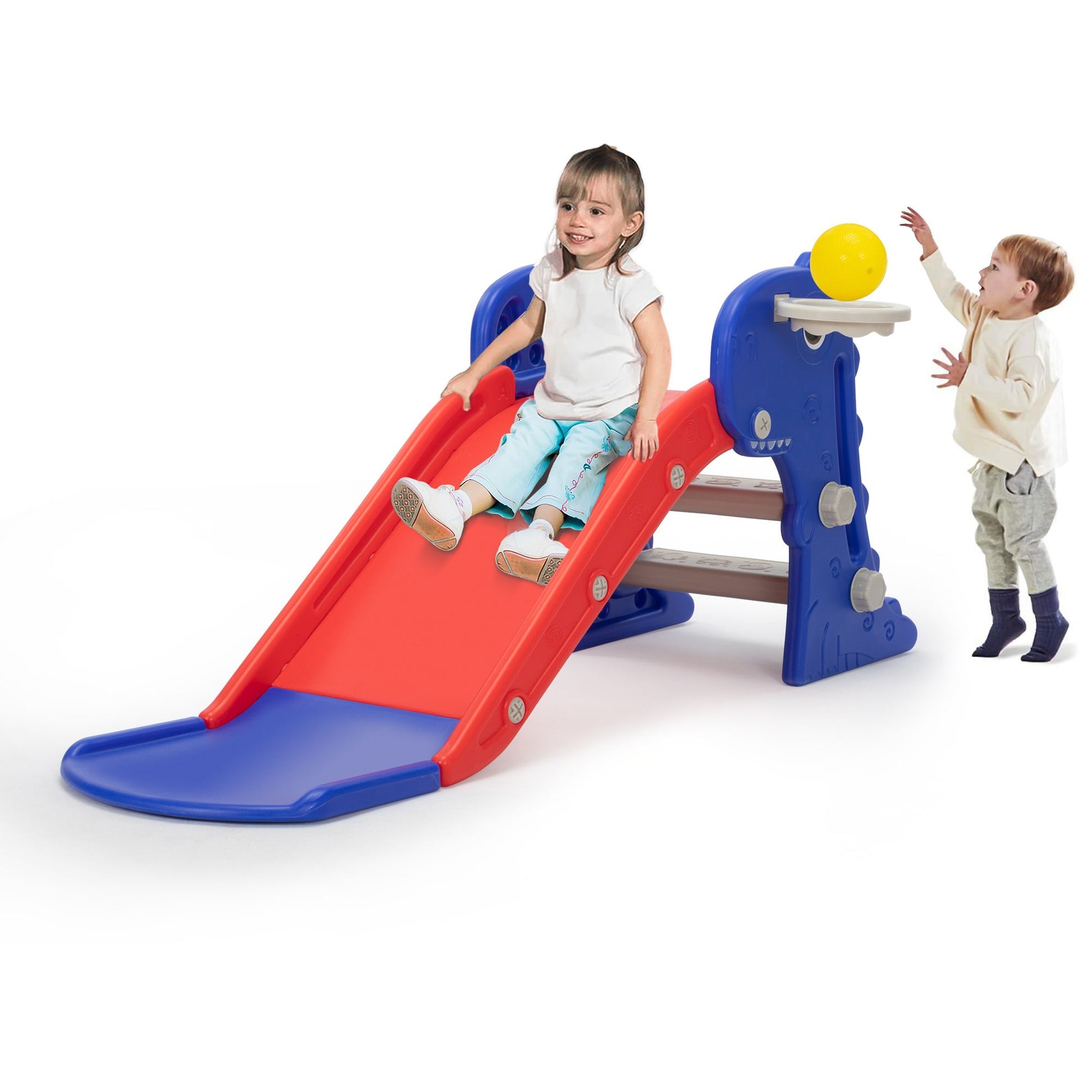 3 in 1 Freestanding Toddler Slide,  Indoor Outdoor Playground with Basketball Hoop and Ball for Kids Under 3 Years Doba