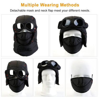 Unisex Warm Thermal Goggles Hat with Detachable Face Mask & Neck Flaps for Winter Activities Doba