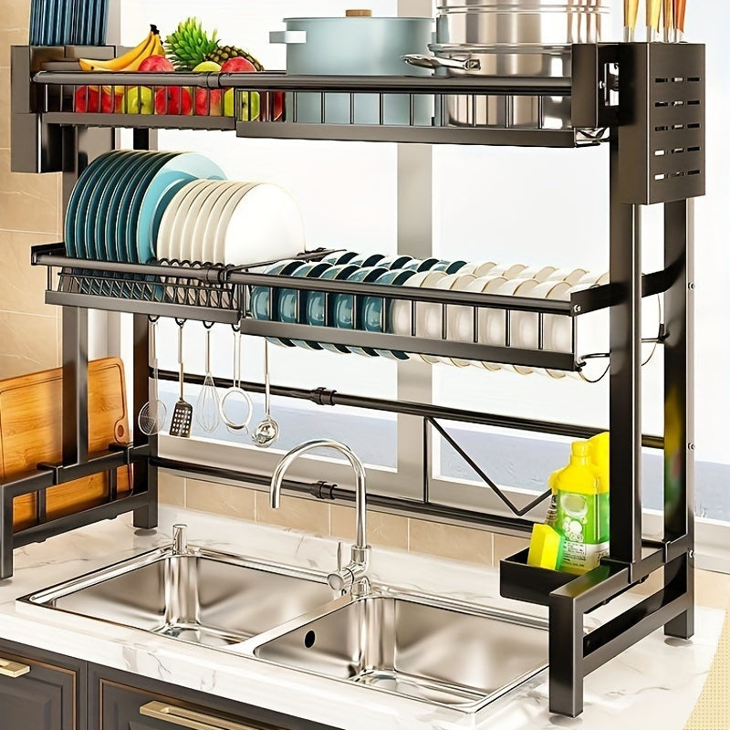 Retractable Black Countertop Dish Storage Rack - Multifunctional Drain Rack for Kitchen & Home Doba