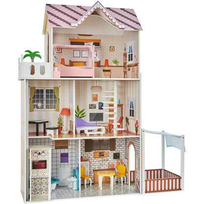 Deluxe Wooden Dollhouse with 15 Accessories - 3-Level Dream Playhouse for Kids 3+