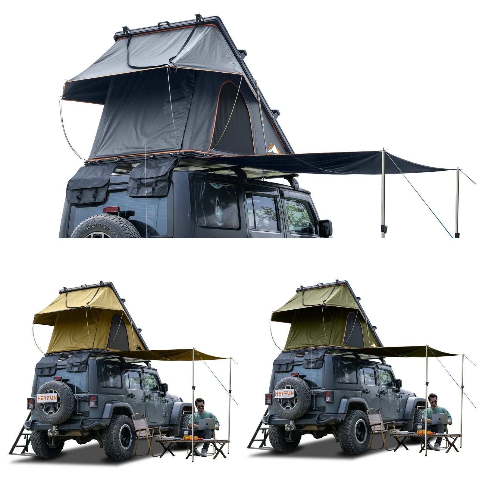 Roll over image to zoom in Adventurer Plus Rooftop Tent Hardshell with Side Awning, Air Conditioner Outlet with Bracket, &Replaceable Rain Flies, Truck Bed Tent for Camping, Pop Up Overland Roof Tents Doba