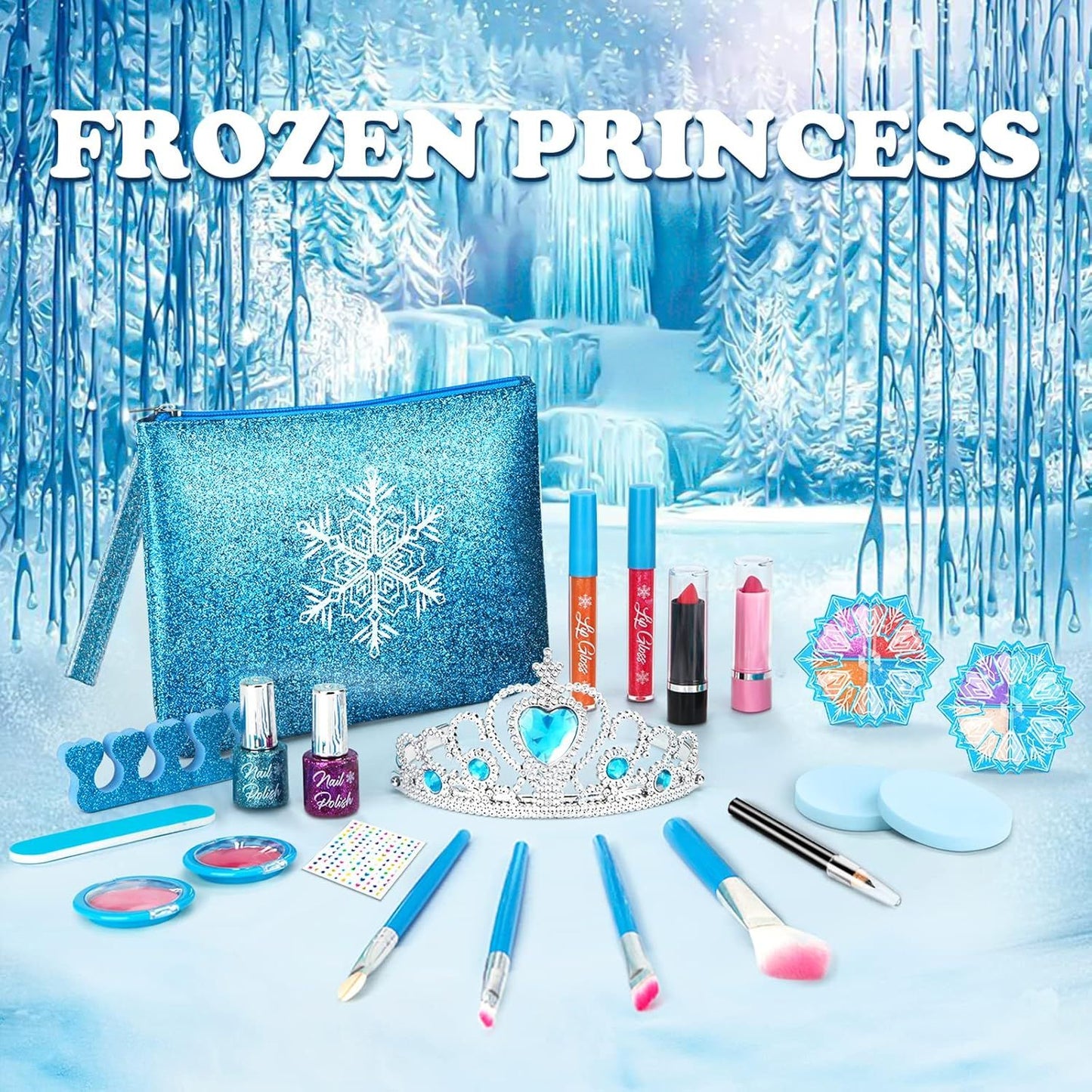 Frozen Princess Makeup Adventure Kit for Girls, Washable Real Makeup Set for Ages 4-8, Creative Play Cosmetic Set with Accessories and Travel Bag Doba