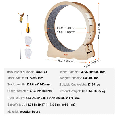 Large Indoor Cat Treadmill Wheel - 43.3" Durable Wooden Cat Exercise Wheel in Yellow Doba