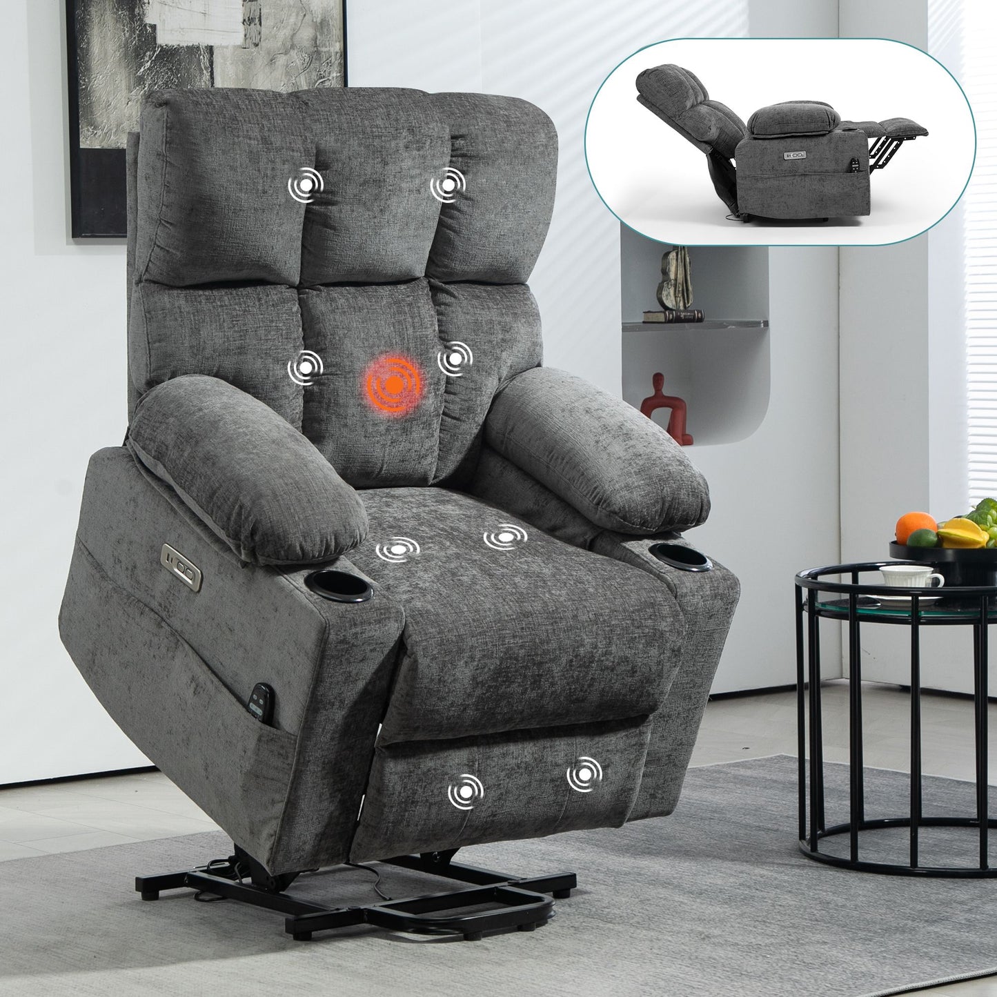 Oversized Power Lift Recliner Sofa with 8-Point Massage, Heat Function, USB Ports, and Cup Holders for Elderly - Gray Chenille Doba