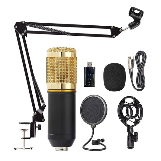 Professional Podcasting Microphone Kit with Adjustable Boom Arm, USB Sound Card, Shock Mount, Pop Filter, and Accessories for High-Quality Recording (Gold) Doba