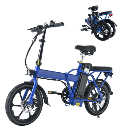 Foldable 500W Electric Bicycle for Adults - 15.5 MPH, 16-Inch Tires, 42V 10.4Ah Removable Battery, Multi-Shock Absorption Commuter Bike in Blue