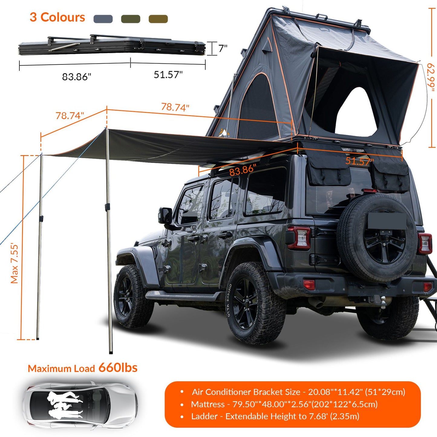 Explorer Plus Rooftop Tent Hardshell with Side Awning, Air Conditioner Outlet with Bracket, Luggage Racks&Replaceable Netting Rain Curtain, Truck Bed Tent for Camping, Pop Up SUV Roof Top Tent Doba