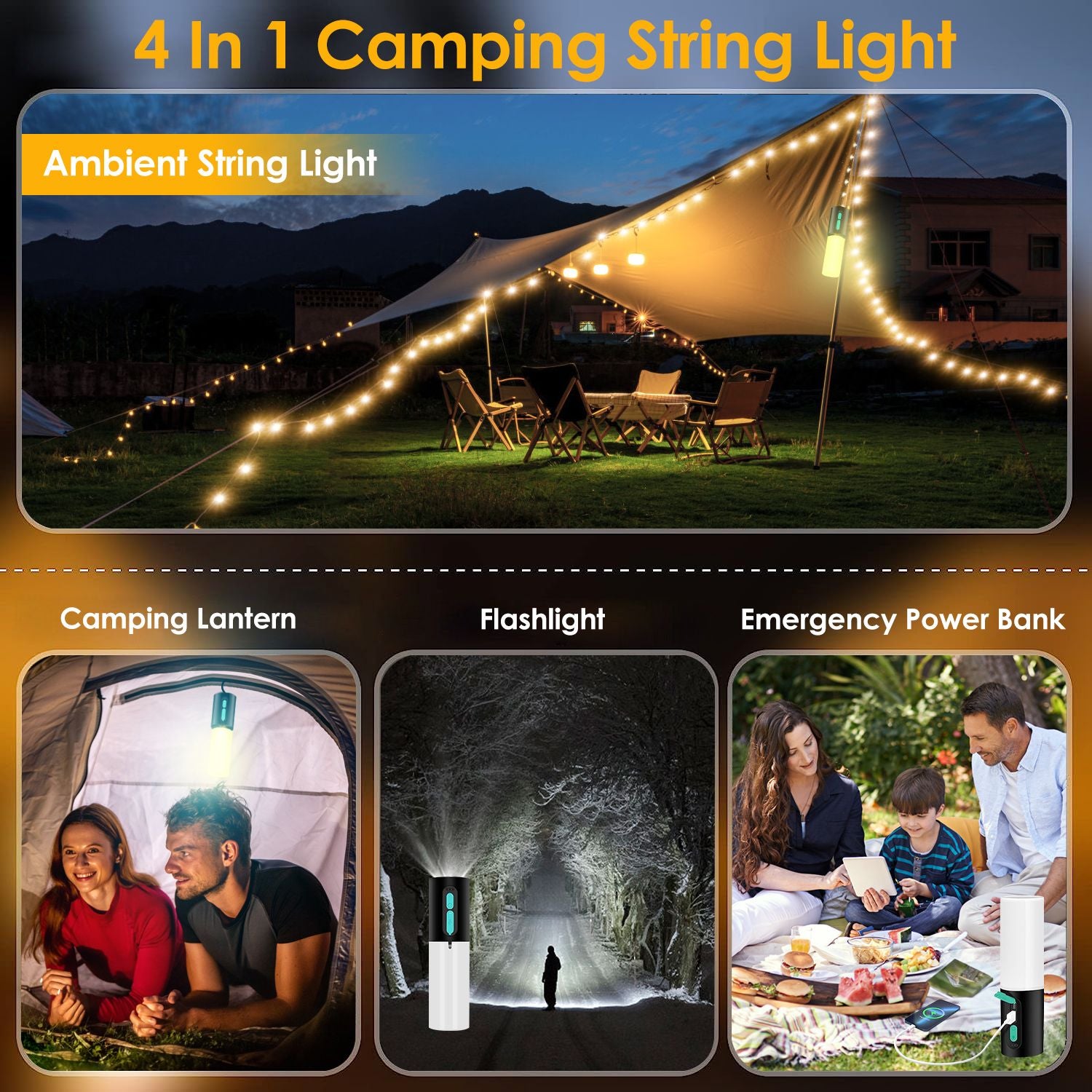 Multi-Functional 4-in-1 Rechargeable Camping Lantern & String Light with Emergency Power Bank and Carry Bag - 33Ft Length, IP44 Waterproof, 7 Light Modes for Indoor & Outdoor Use Doba