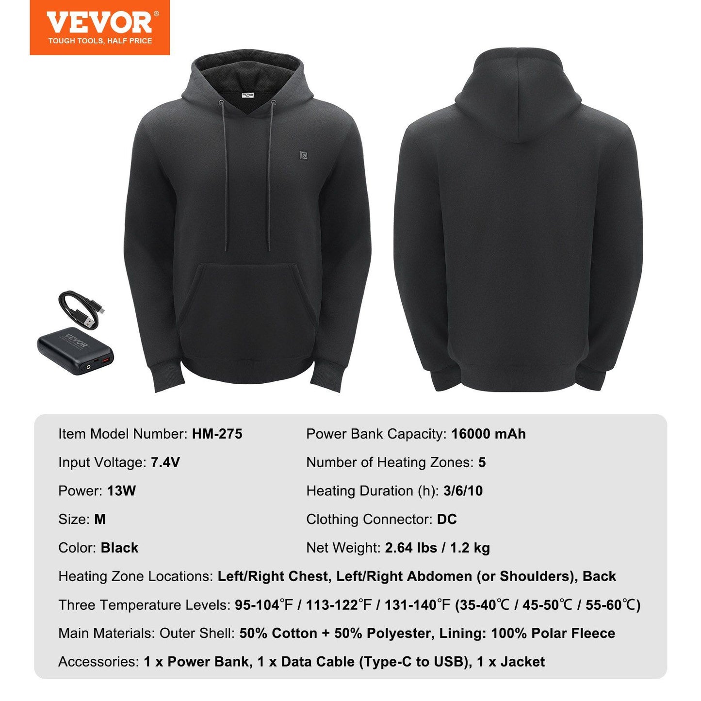 VEVOR Unisex Battery-Powered Heated Hoodie Sweatshirt - Black, Size M Doba