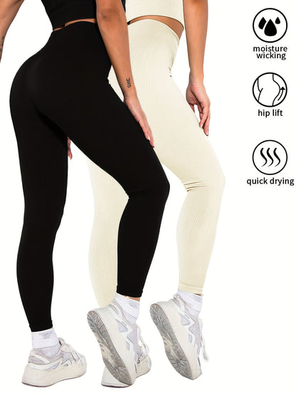 2 Pack Womens Seamless Ribbed Leggings Soft Slimming Yoga Pants, Ribbed Yoga Pants High Waisted Gym Leggings Sport Women Fitness Seamless Female Doba