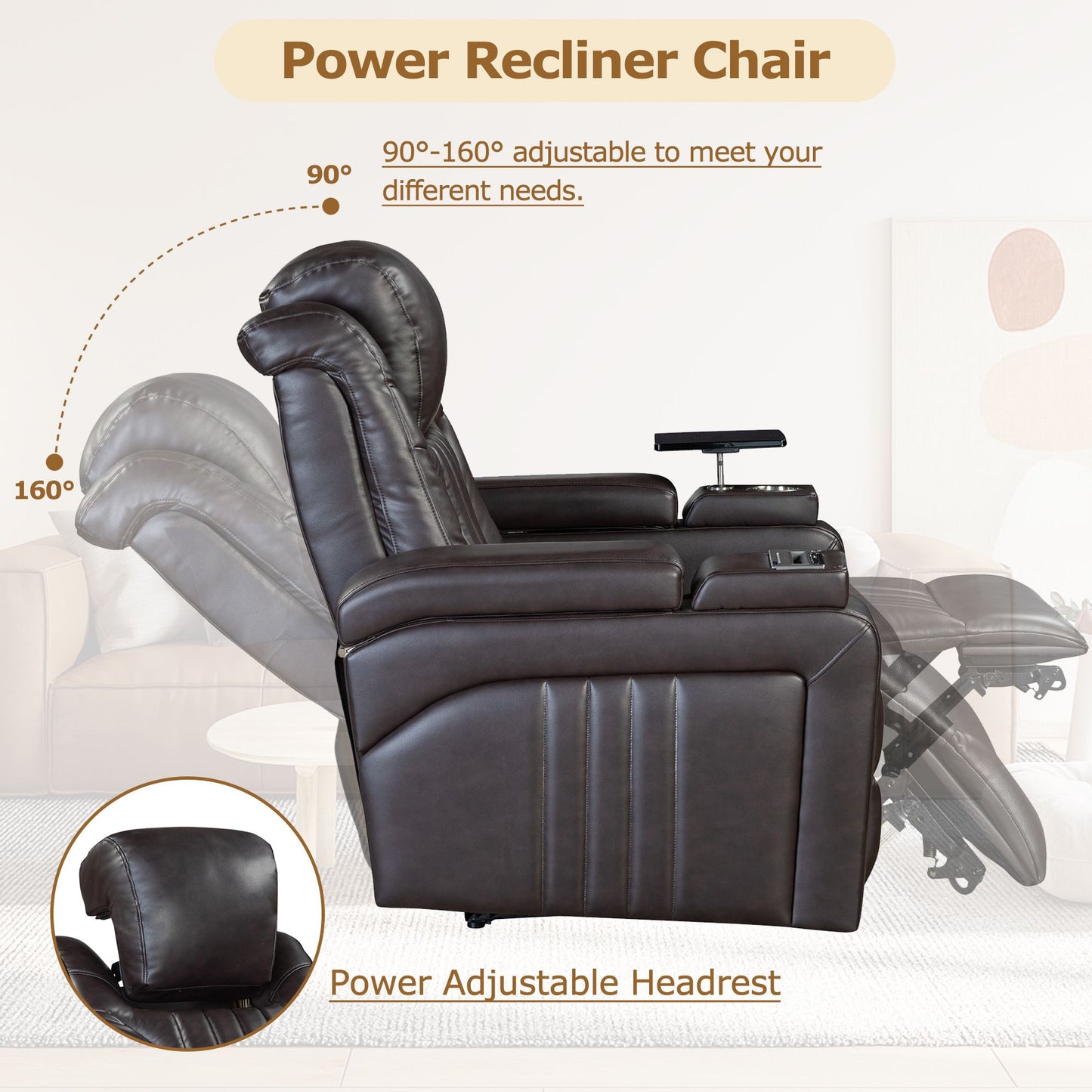 Luxury PU Leather Power Recliner with Adjustable Headrest, Wireless Charging, USB Port, Cup Holder, and Swivel Tray Table for Ultimate Home Theater Experience Doba