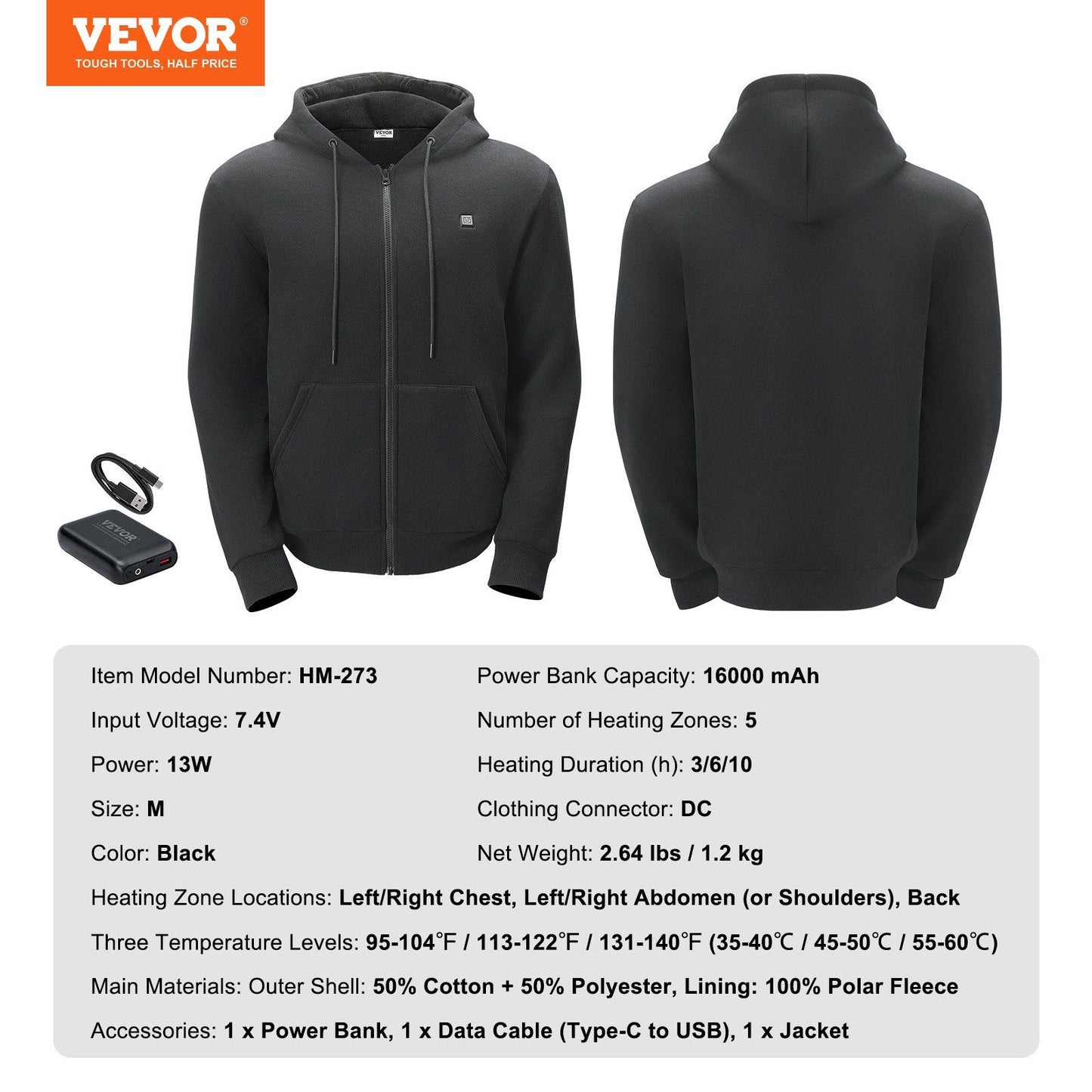 VEVOR Unisex Electric Heated Hoodie with 5 Zones and Rechargeable Battery - M Black Doba