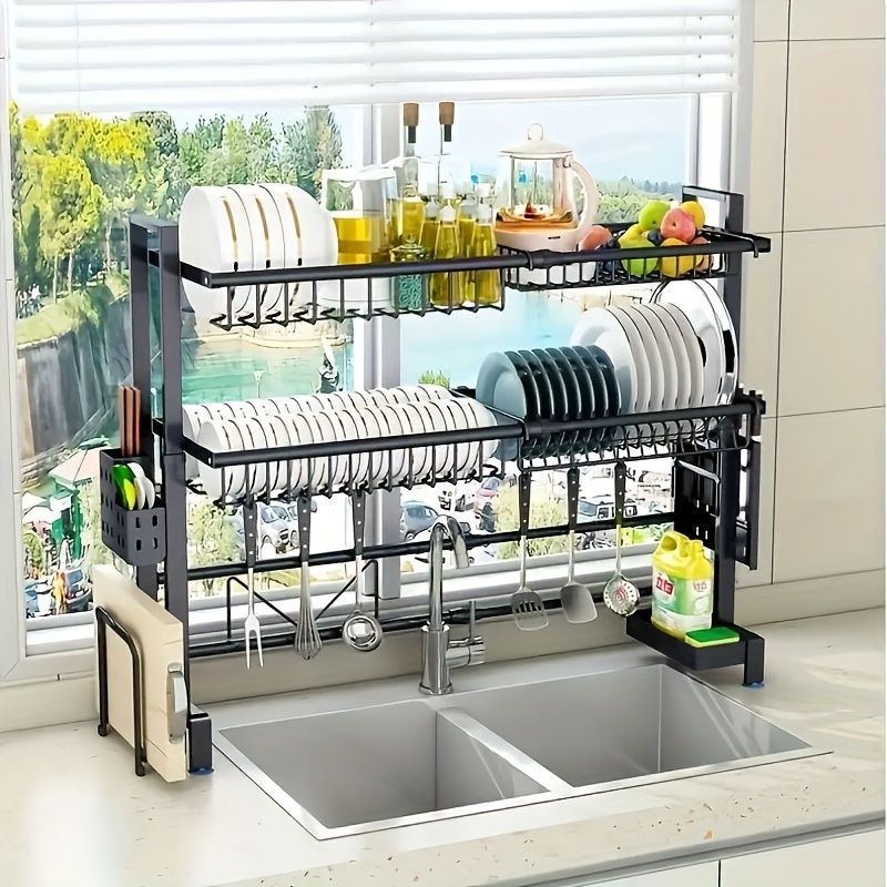 Retractable Black Countertop Dish Storage Rack - Multifunctional Drain Rack for Kitchen & Home Doba