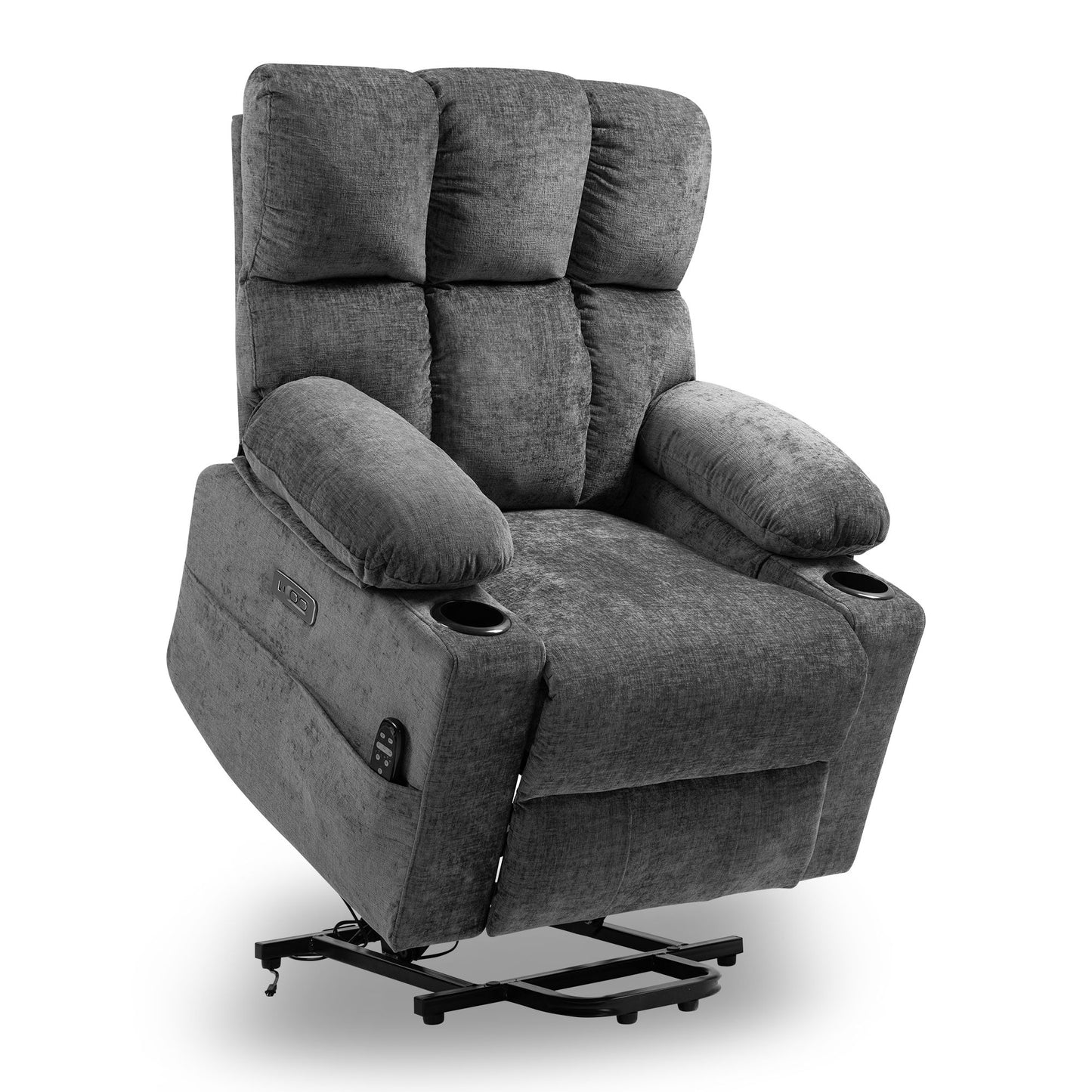 Oversized Power Lift Recliner Sofa with 8-Point Massage, Heat Function, USB Ports, and Cup Holders for Elderly - Gray Chenille Doba