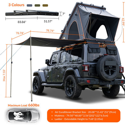 Explorer Plus Rooftop Tent Hardshell with Side Awning, Air Conditioner Outlet with Bracket, Luggage Racks&Replaceable Netting Rain Curtain, Truck Bed Tent for Camping, Pop Up SUV Roof Top Tent Doba