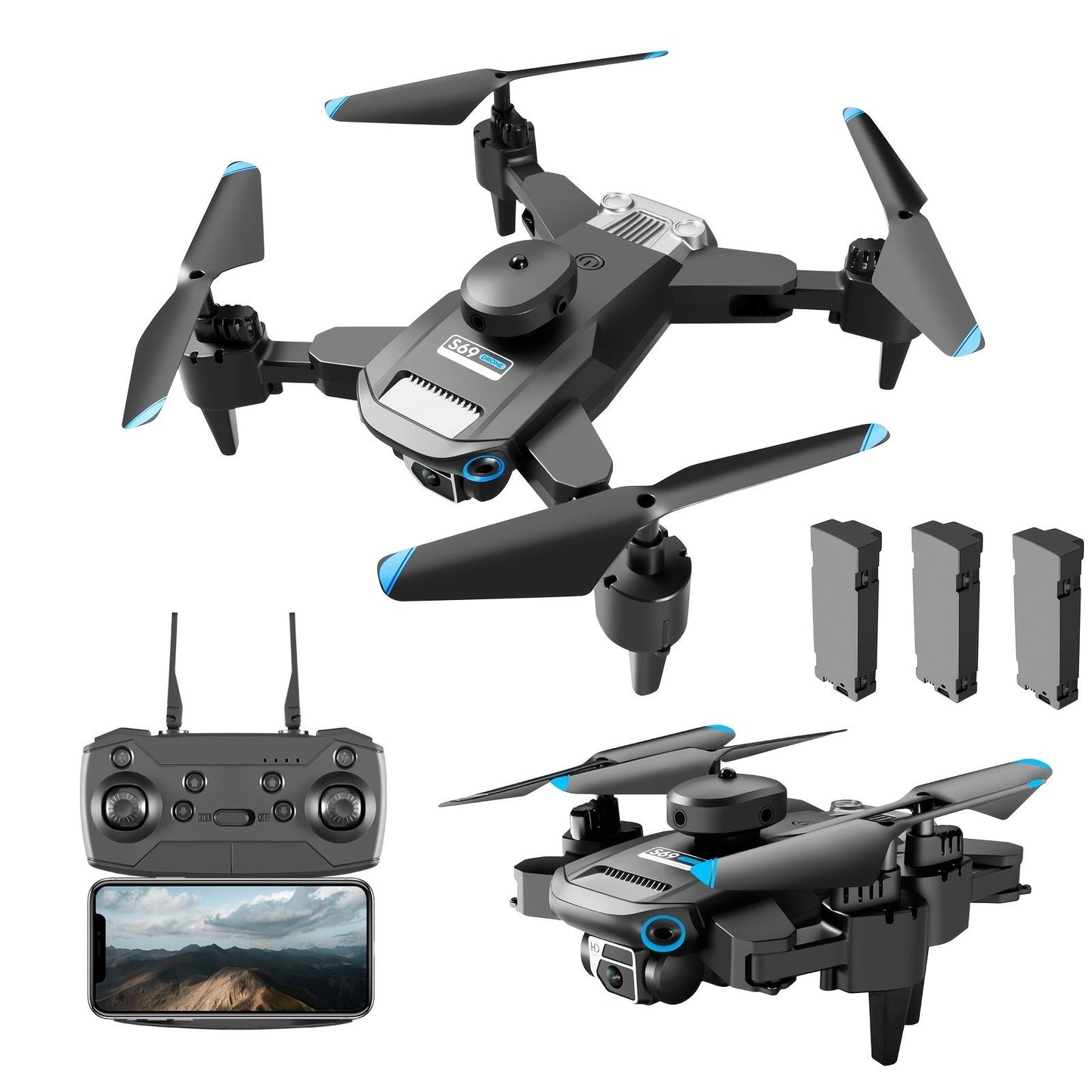 S69 Foldable RC Drone with HD Dual Cameras, 3 Batteries, WIFI FPV, 360° Obstacle Avoidance, Headless Mode – Ideal Gift for Kids and Adults Doba