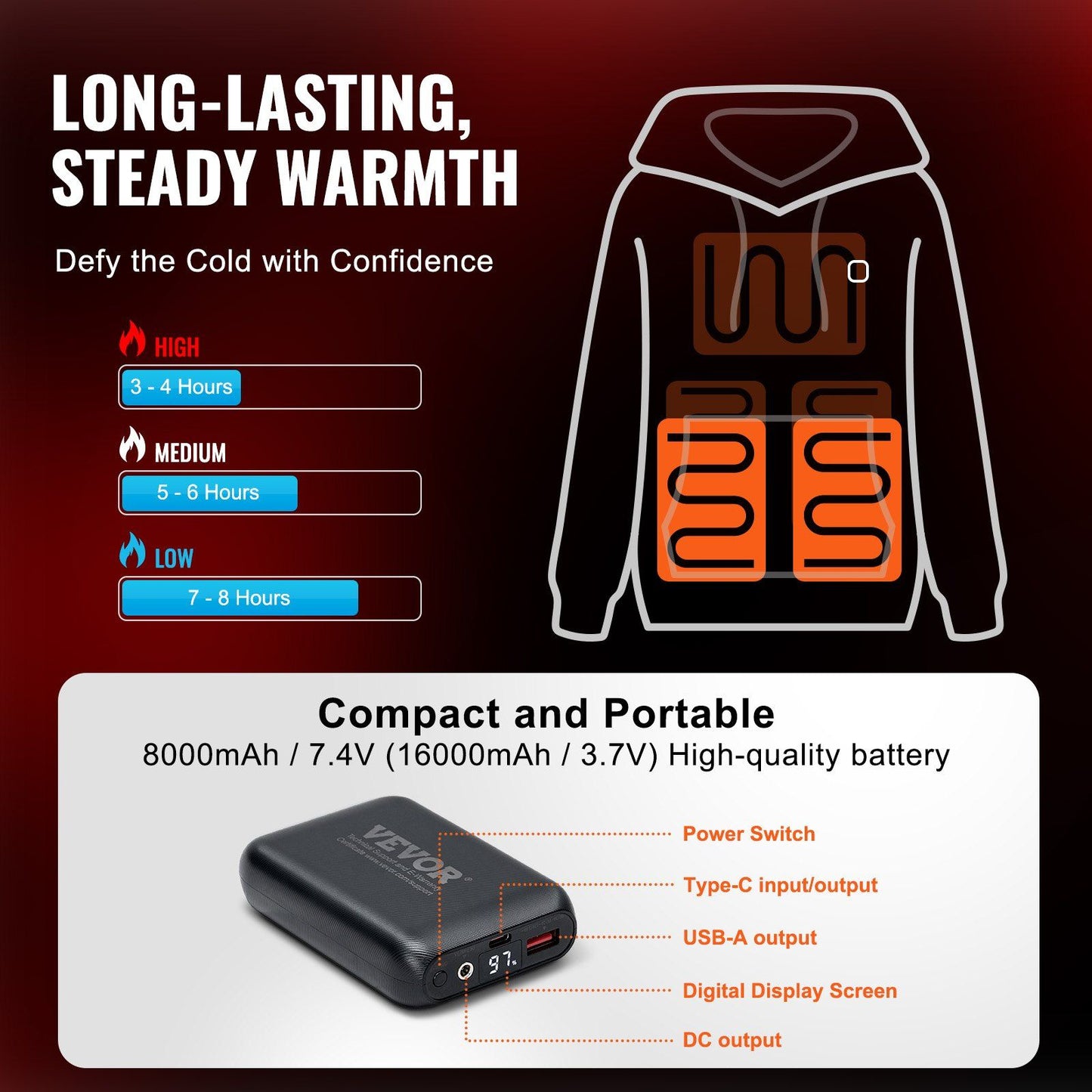 VEVOR Heated Hoodie Sweatshirt Unisex with Battery for Men & Women XXL Black Doba