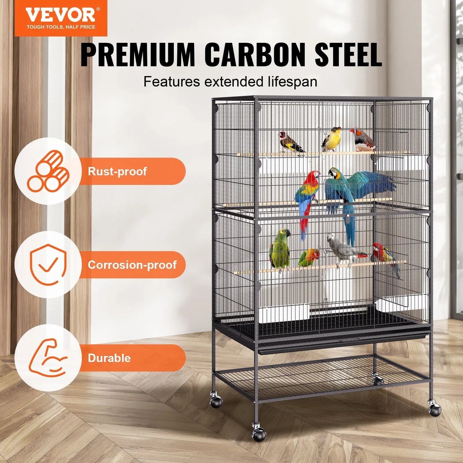 VEVOR 52-Inch Deluxe Wrought Iron Flight Cage for Parakeets, Cockatiels, Parrots, and Macaws with Rolling Stand and Easy-Clean Tray Doba