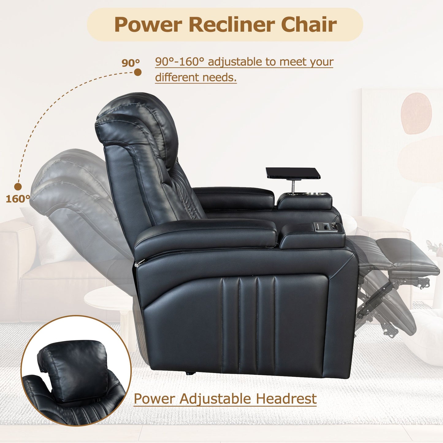 Luxury PU Leather Power Recliner with Adjustable Headrest, Wireless Charging, USB Port, Cup Holder, and Swivel Tray Table for Ultimate Home Theater Experience Doba