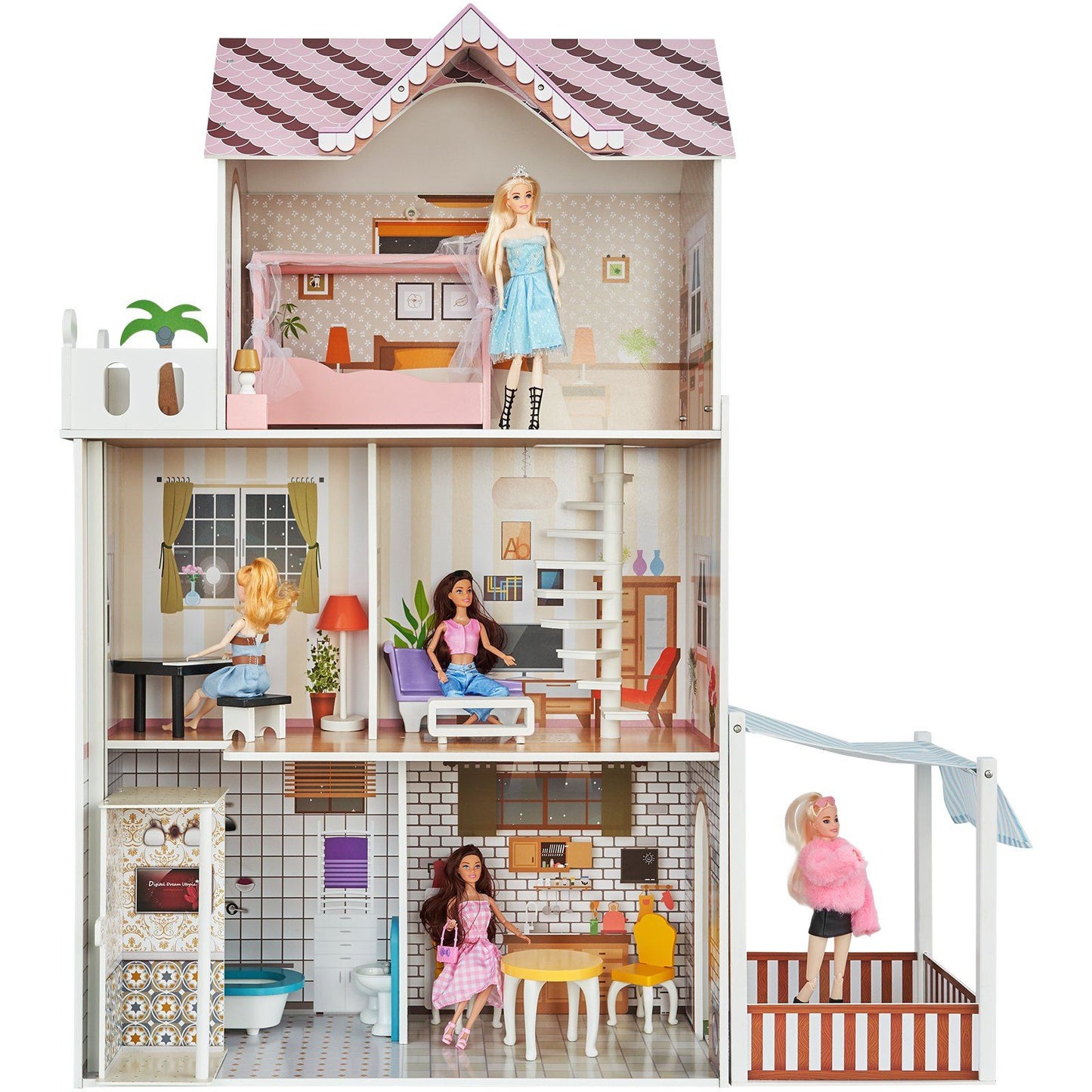 Deluxe Wooden Dollhouse with 15 Accessories - 3-Level Dream Playhouse for Kids 3+