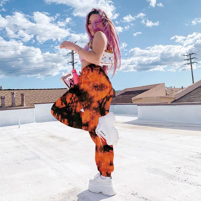 Women's new elastic tie-dye rainbow color slimming casual pants street shooting women's trousers printed pants Doba