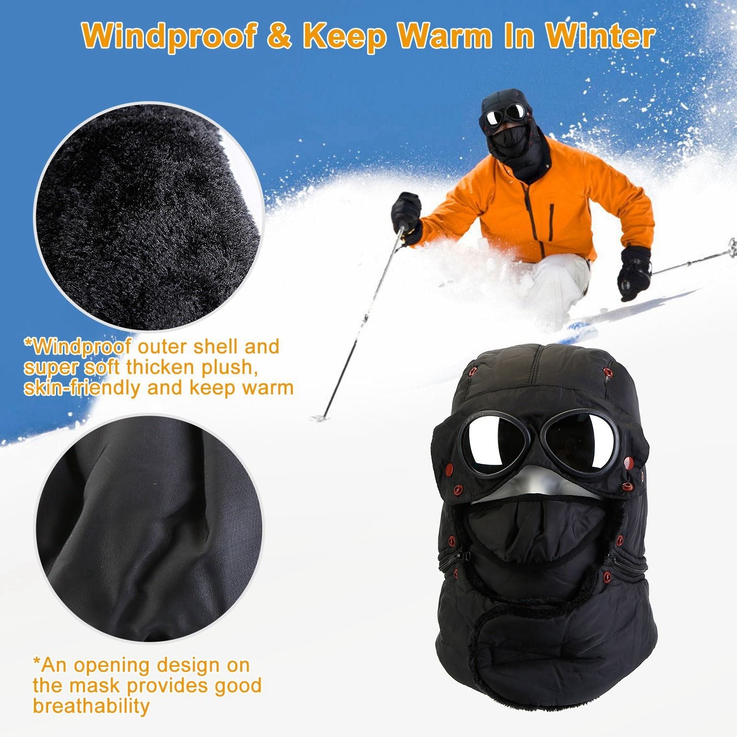 Unisex Warm Thermal Goggles Hat with Detachable Face Mask & Neck Flaps for Winter Activities Doba