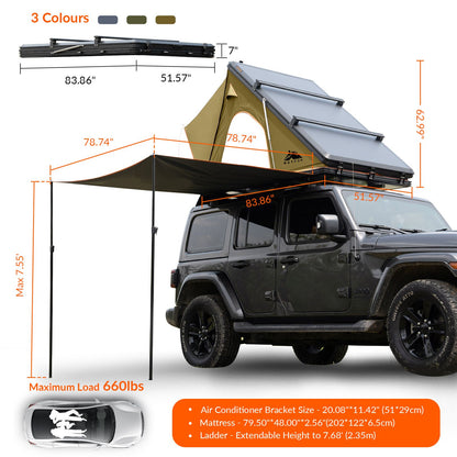 Explorer Plus Rooftop Tent Hardshell with Side Awning, Air Conditioner Outlet with Bracket, Luggage Racks&Replaceable Netting Rain Curtain, Truck Bed Tent for Camping, Pop Up SUV Roof Top Tent Doba