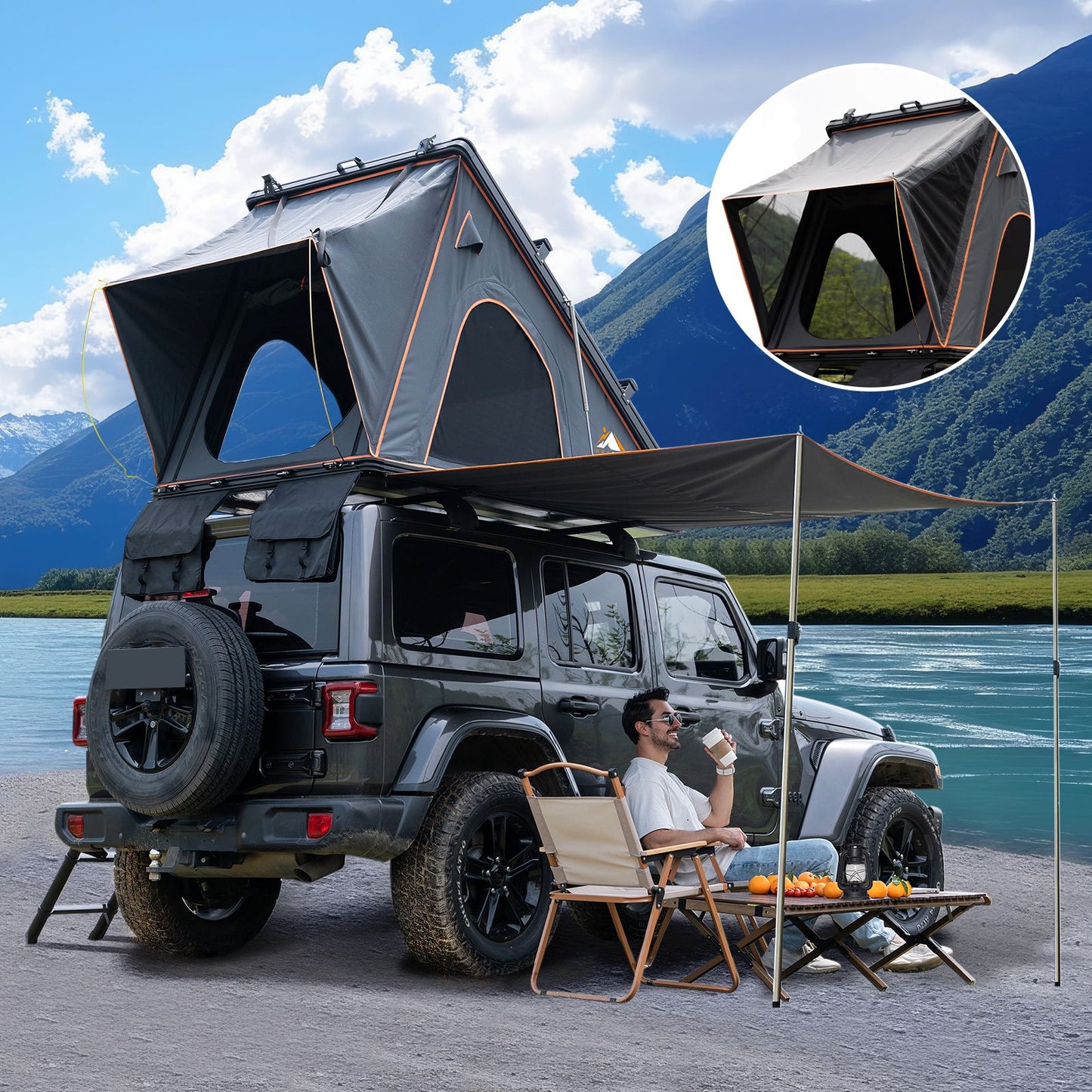 Explorer Plus Rooftop Tent Hardshell with Side Awning, Air Conditioner Outlet with Bracket, Luggage Racks&Replaceable Netting Rain Curtain, Truck Bed Tent for Camping, Pop Up SUV Roof Top Tent Doba