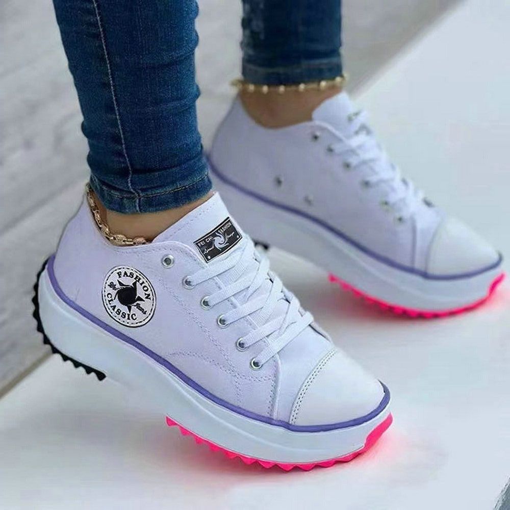 Women’s Classic Lace-Up White Canvas Sneakers - Solid Casual Platform Shoes Doba