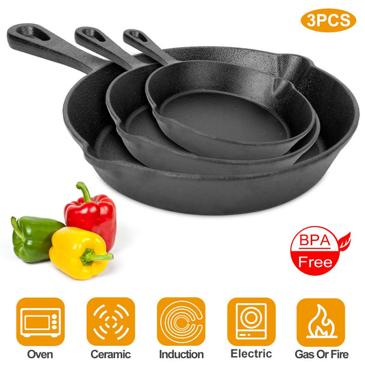 3-Piece Pre-Seasoned Cast Iron Skillet Set – Versatile Non-Stick Frying Pans (6in, 8in, 10in) – Durable Oven Safe Cookware Doba