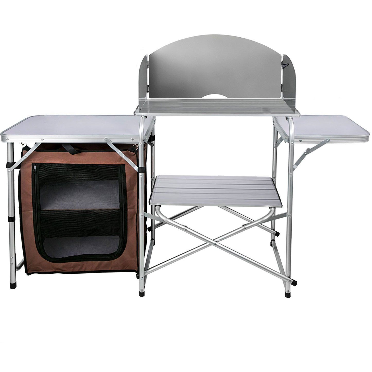 Portable Folding Camping Kitchen Table with Storage Rack and Windshield - Brown Doba