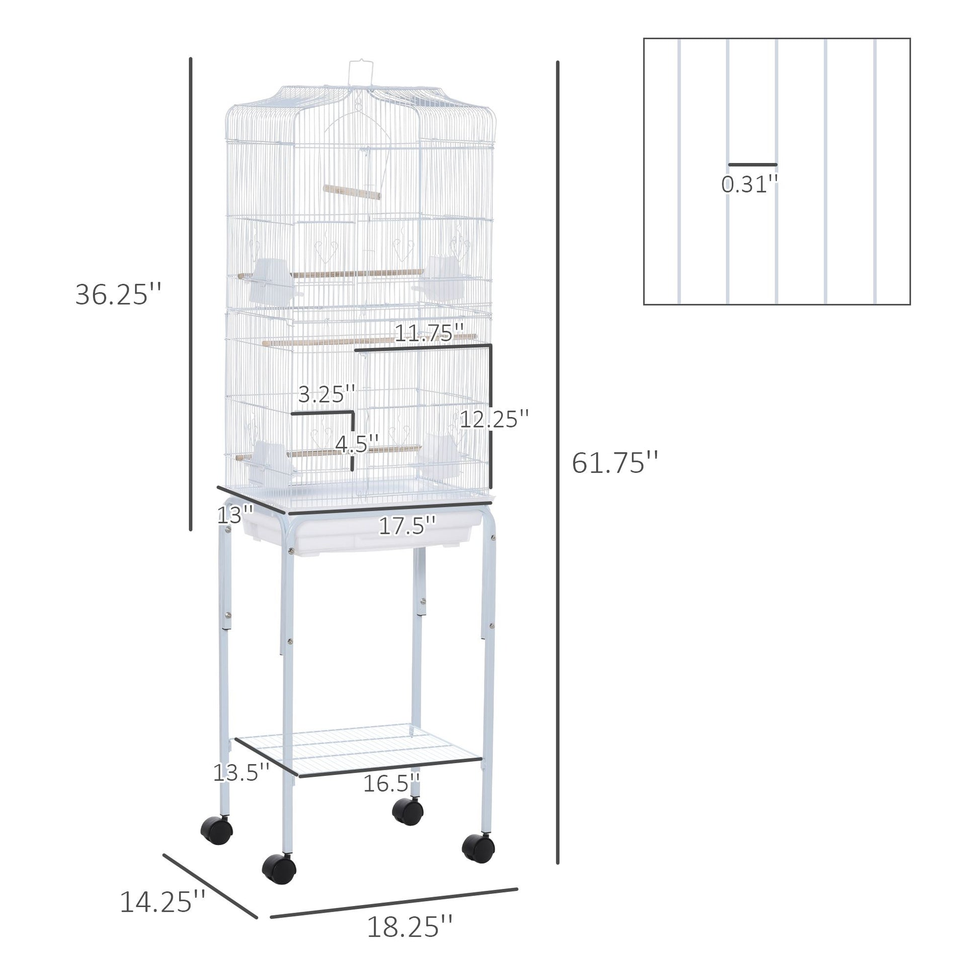 PawHut 60" White Metal Bird Cage Starter Kit with Rolling Stand, Storage Basket, and Accessories for Small Birds and Parrots Doba