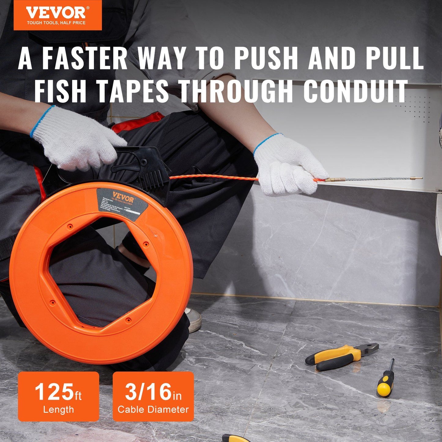 VEVOR 125ft Non-Conductive Fish Tape with Enhanced Grip and Durable Housing for Easy Cable Pulling Doba