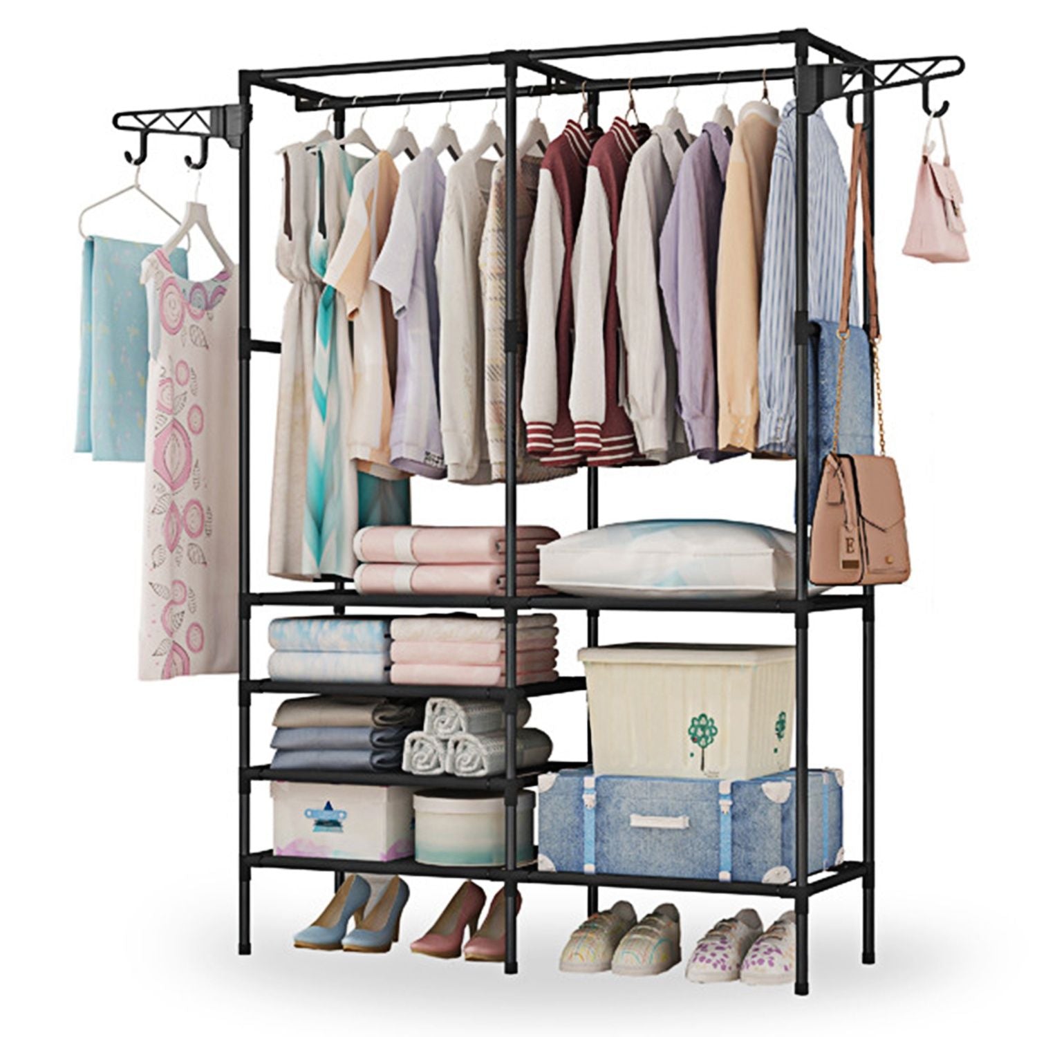 Versatile Metal Clothing and Shoe Organizer with Rotatable Hooks - Freestanding Wardrobe Rack Doba