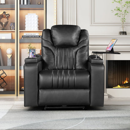 Luxury PU Leather Power Recliner with Adjustable Headrest, Wireless Charging, USB Port, Cup Holder, and Swivel Tray Table for Ultimate Home Theater Experience Doba