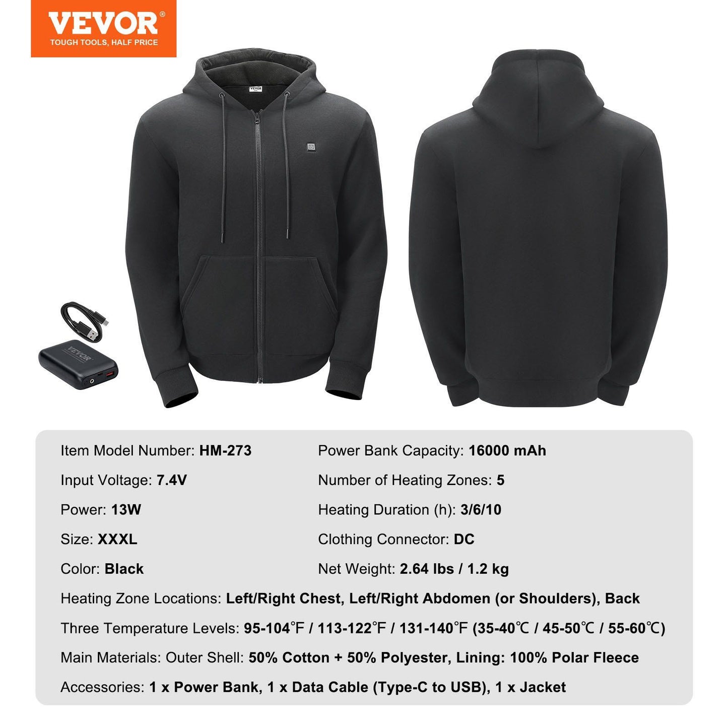 VEVOR Unisex Heated Zip-Up Hoodie with Rechargeable Battery - XXXL Black for Men & Women Doba