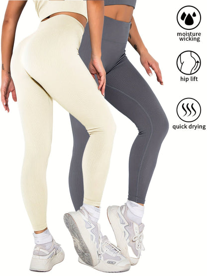 2 Pack Womens Seamless Ribbed Leggings Soft Slimming Yoga Pants, Ribbed Yoga Pants High Waisted Gym Leggings Sport Women Fitness Seamless Female Doba