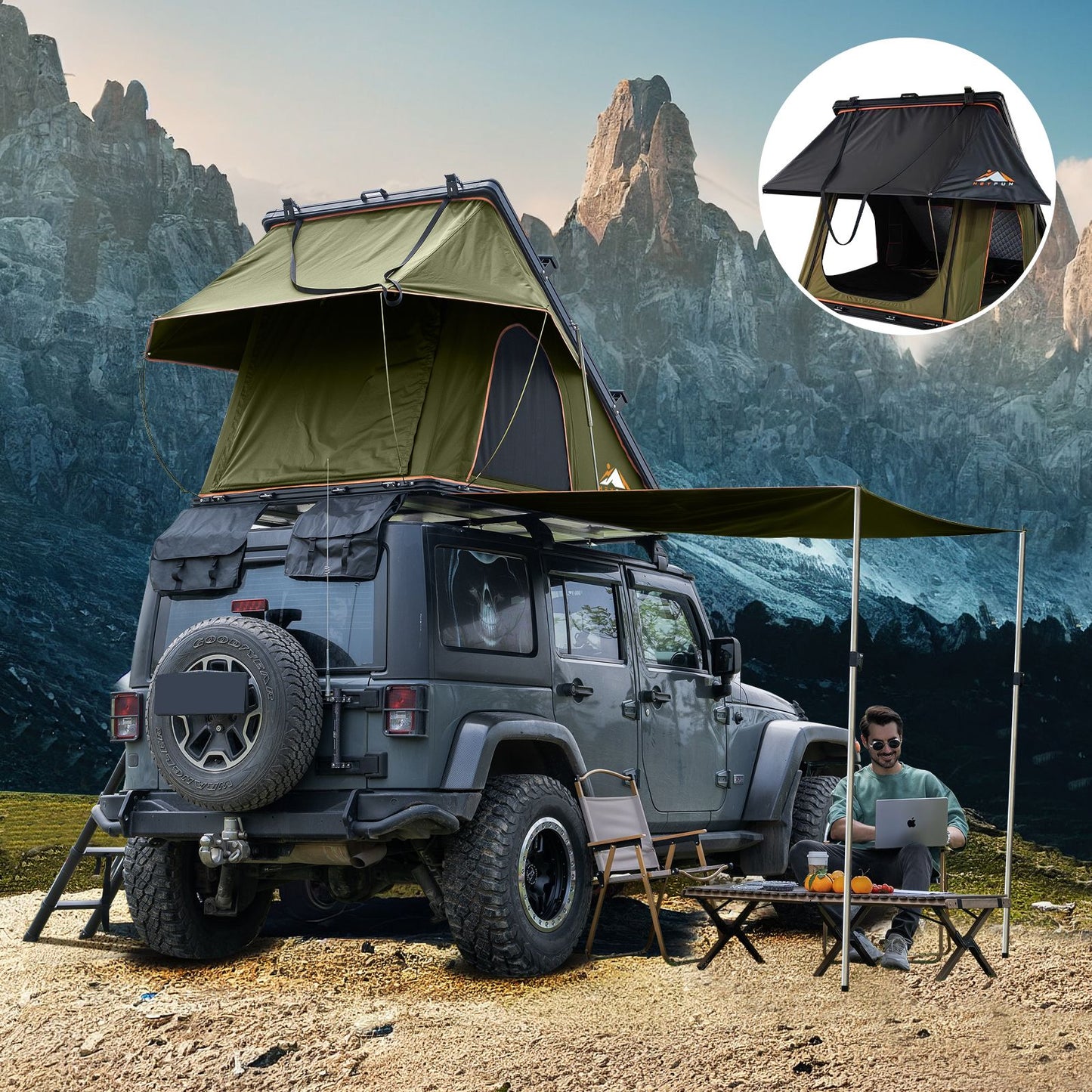 Roll over image to zoom in Adventurer Plus Rooftop Tent Hardshell with Side Awning, Air Conditioner Outlet with Bracket, &Replaceable Rain Flies, Truck Bed Tent for Camping, Pop Up Overland Roof Tents Doba